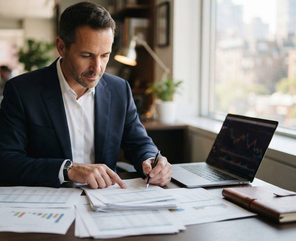 Businessman reviewing financial documents and stock charts at his desk.