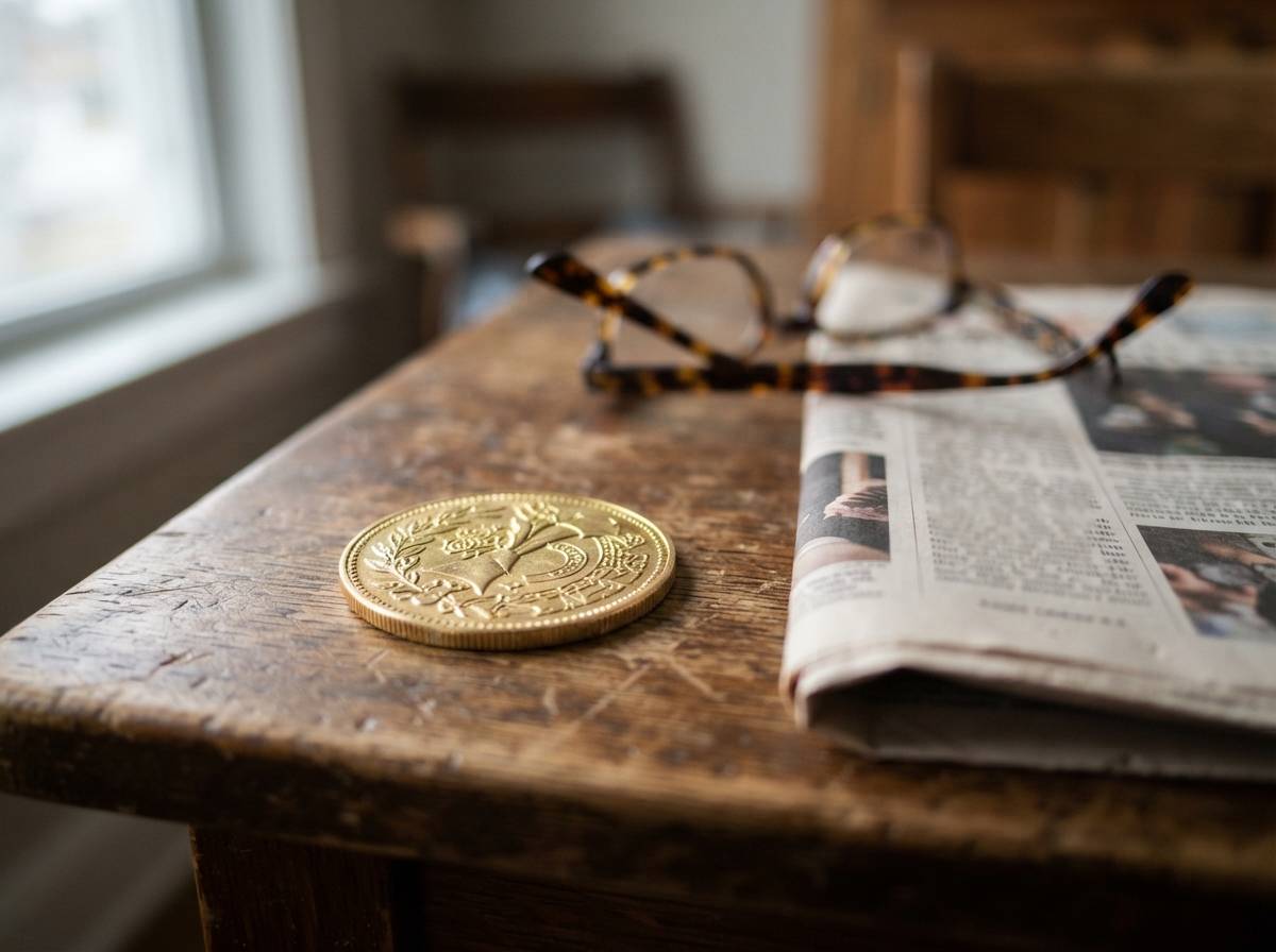 Close up of cryptocurrency coins on a desk beside a laptop displaying a price chart.