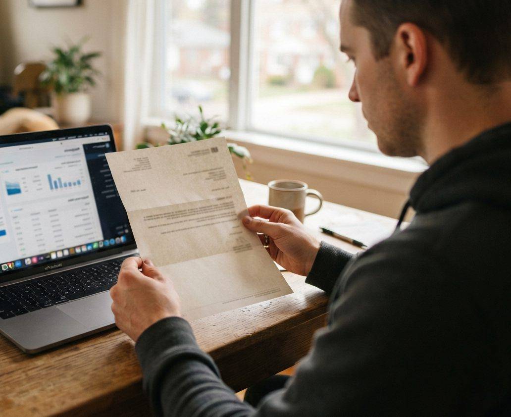 Close up of hands holding a student loan repayment notice beside a laptop.