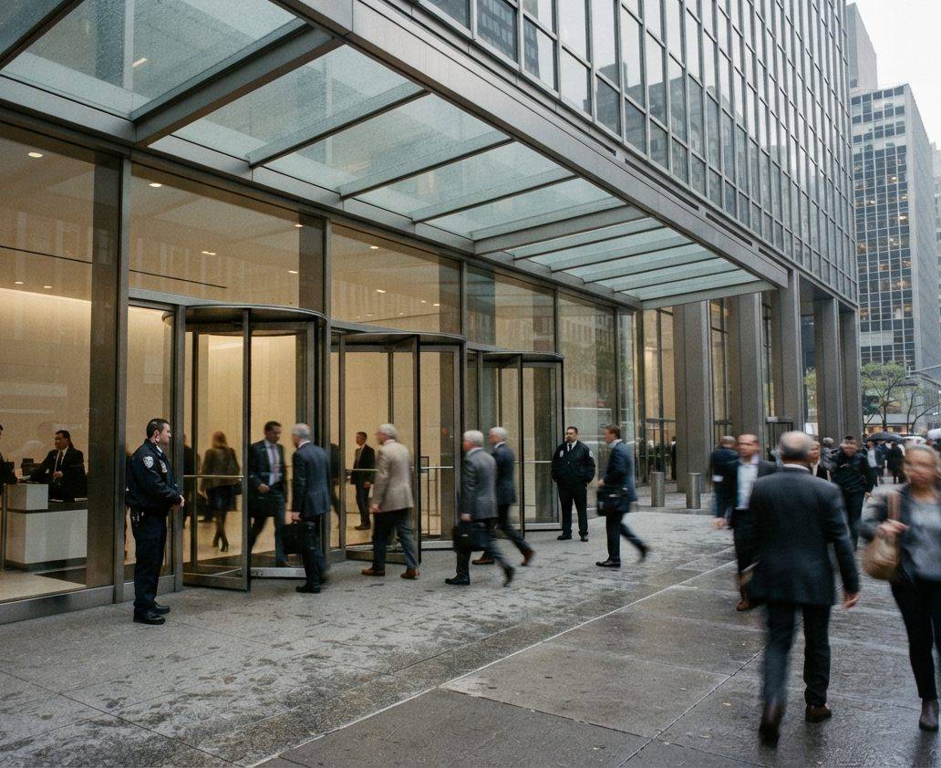 Employees entering the JPMorgan Chase headquarters building in the morning.