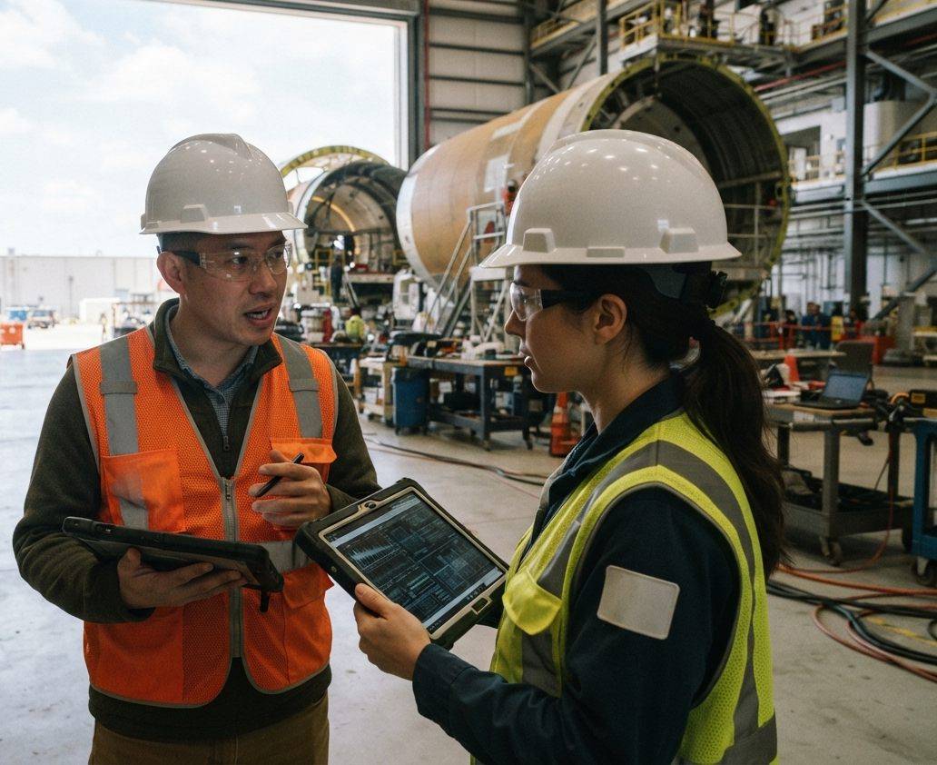 Engineers review data near a rocket assembly hangar during launch preparations.