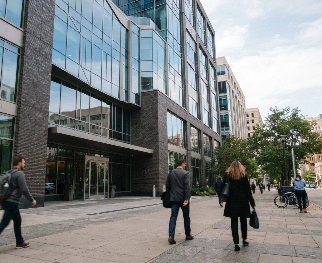 Exterior view of a Berkshire Hathaway corporate office building on a city street.