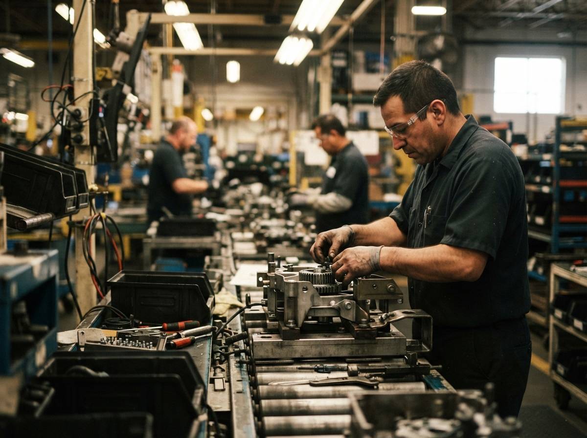 Factory workers on an assembly line producing auto parts near the border.