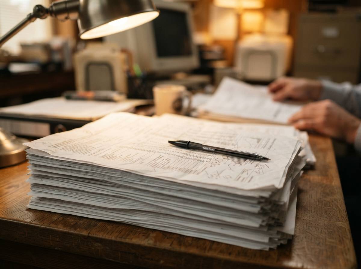 Printed financial disclosure documents on a desk beside a laptop showing cryptocurrency charts.