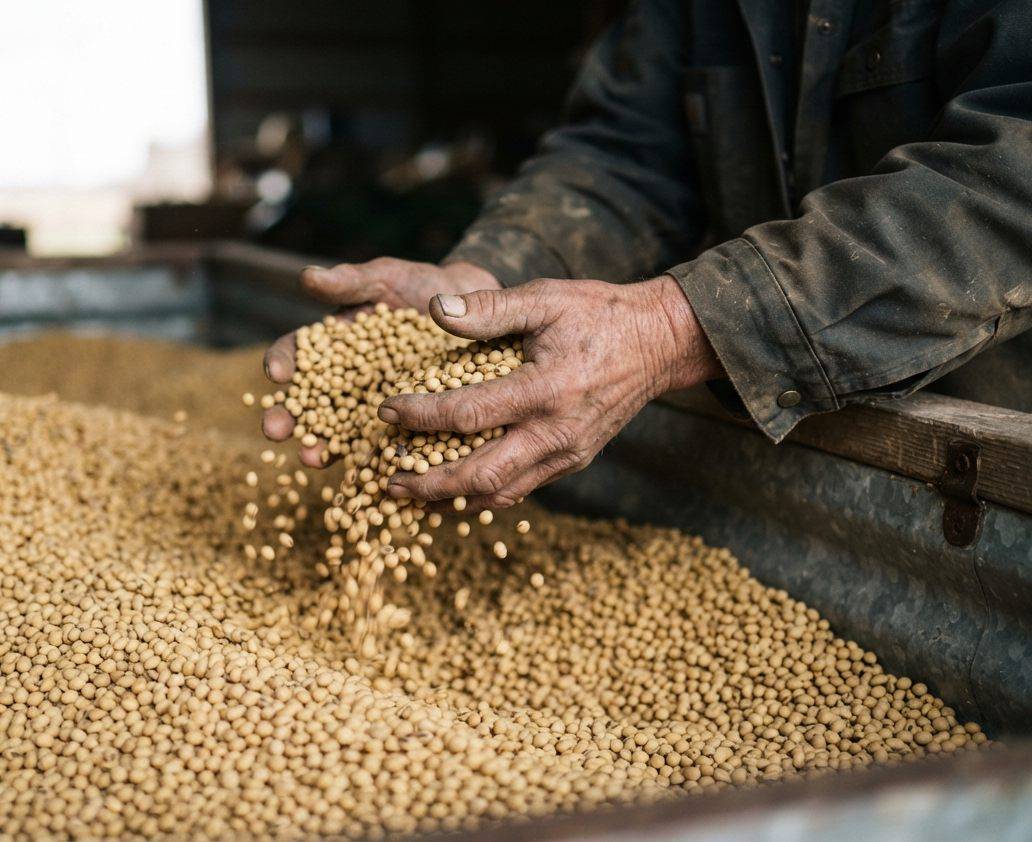 Soybeans being loaded into a cargo ship at an export terminal.