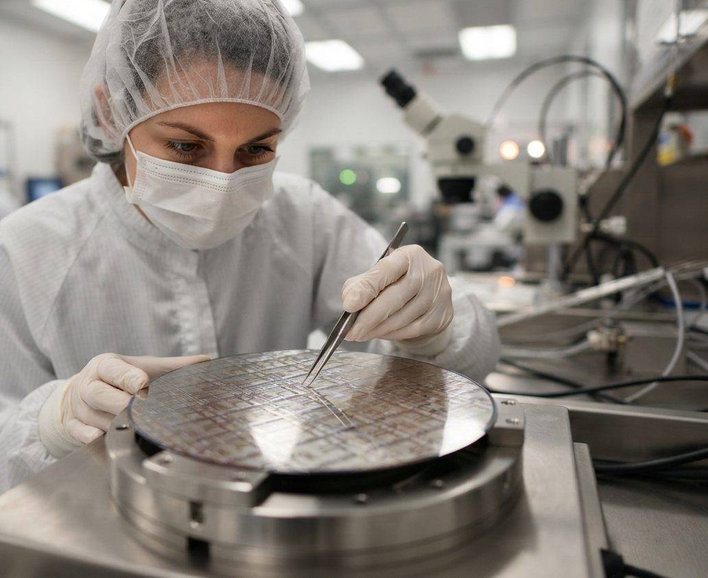 Technician in a cleanroom suit inspecting a semiconductor wafer inside a chip factory.