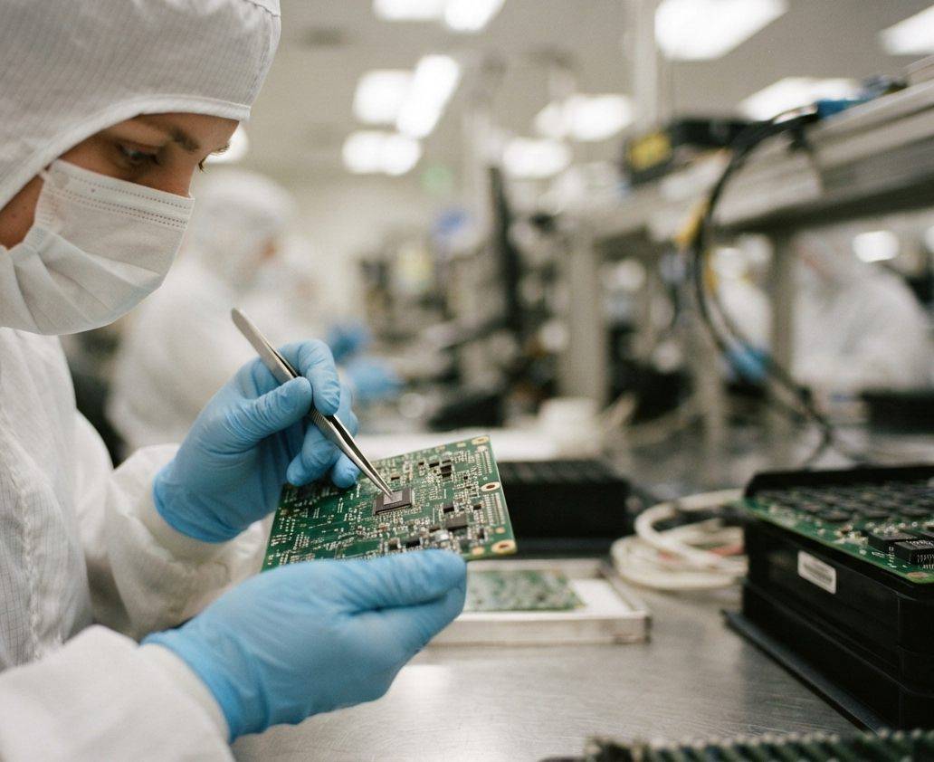 Technician inspecting a small chip component on an electronics assembly line