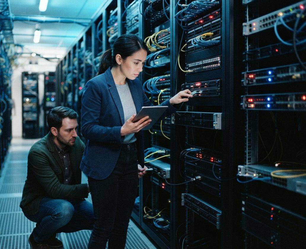 Technicians inspect server racks inside a data center supporting enterprise AI workloads.