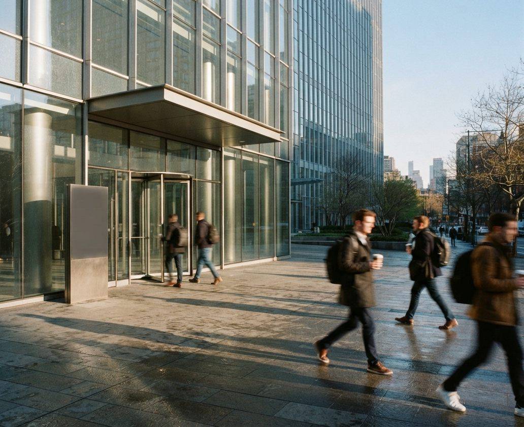 The entrance of a modern glass office tower in early morning light.