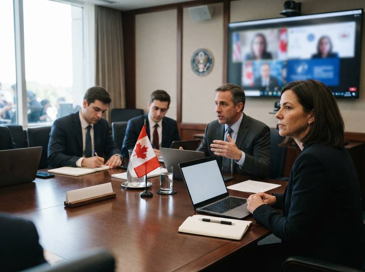 Trade officials seated at a conference table during a videoconference negotiation session.