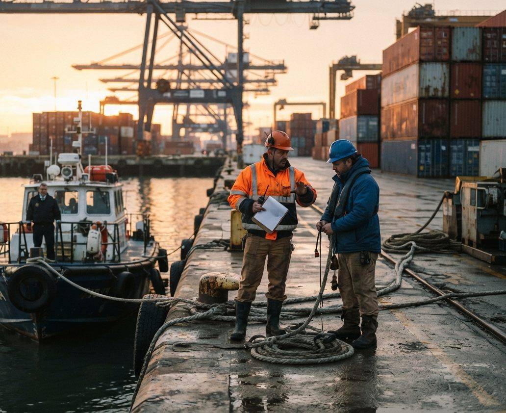 Workers and cranes are seen near an oil tanker docked at a busy port terminal.
