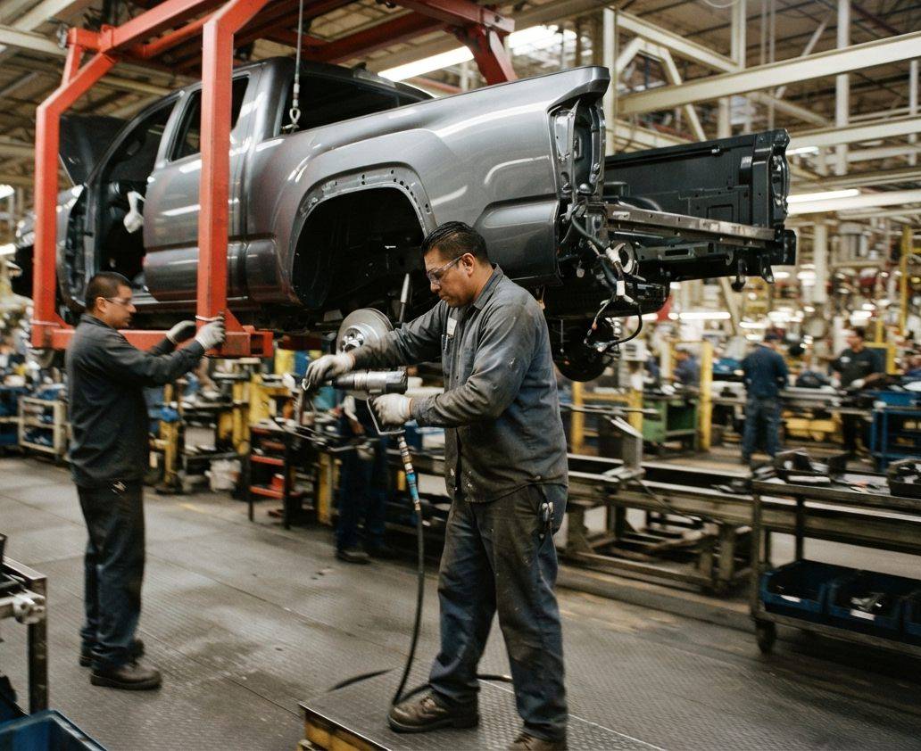 Workers assembling a pickup truck on a factory production line.
